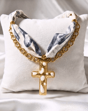 Load image into Gallery viewer, Faith Scarf Chain & Gold Enamel Cross Necklace White & Grey-W