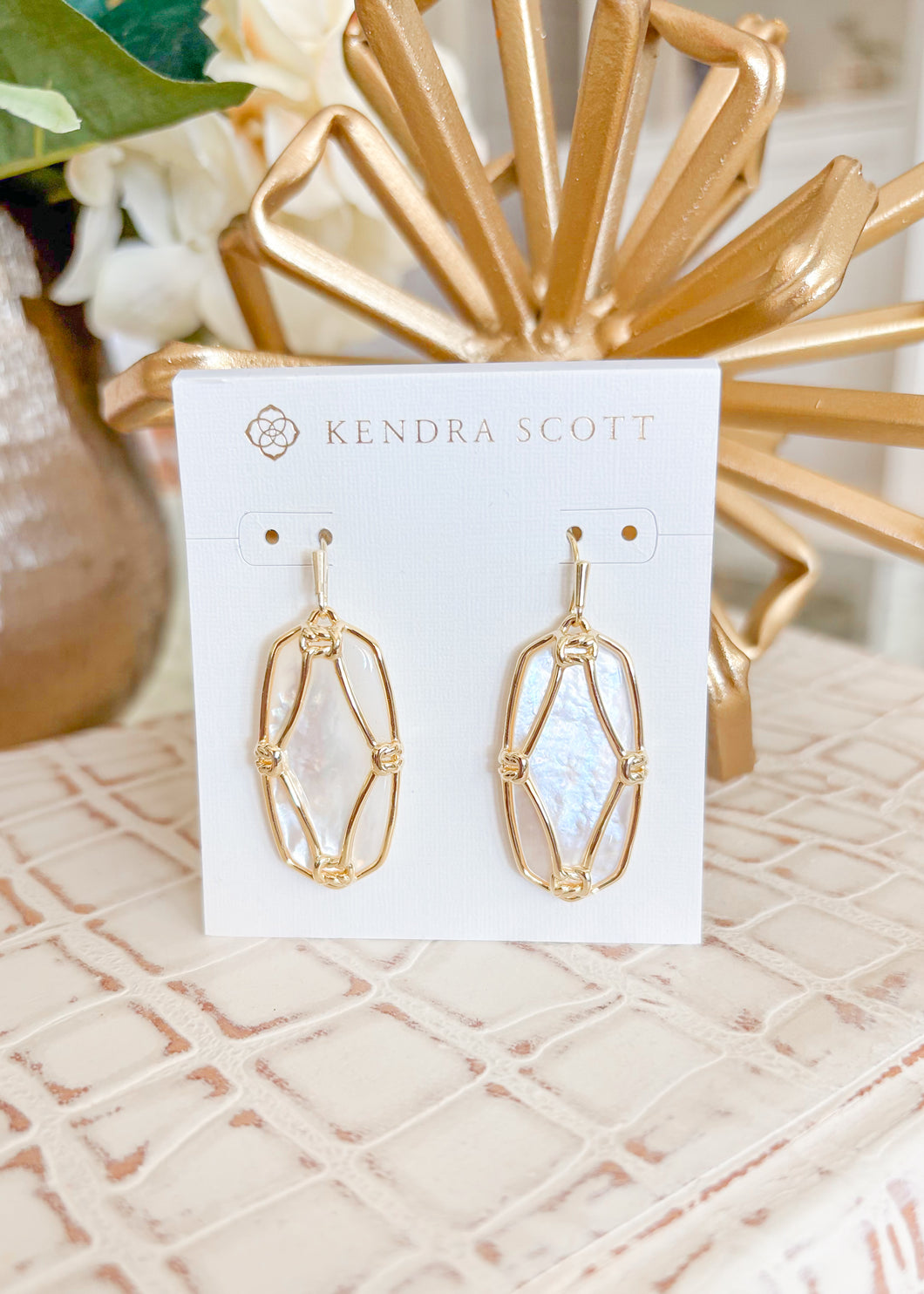 ELLE LATTICE FRAME DROP EARRINGS GOLD IVORY MOTHER OF PEARL
