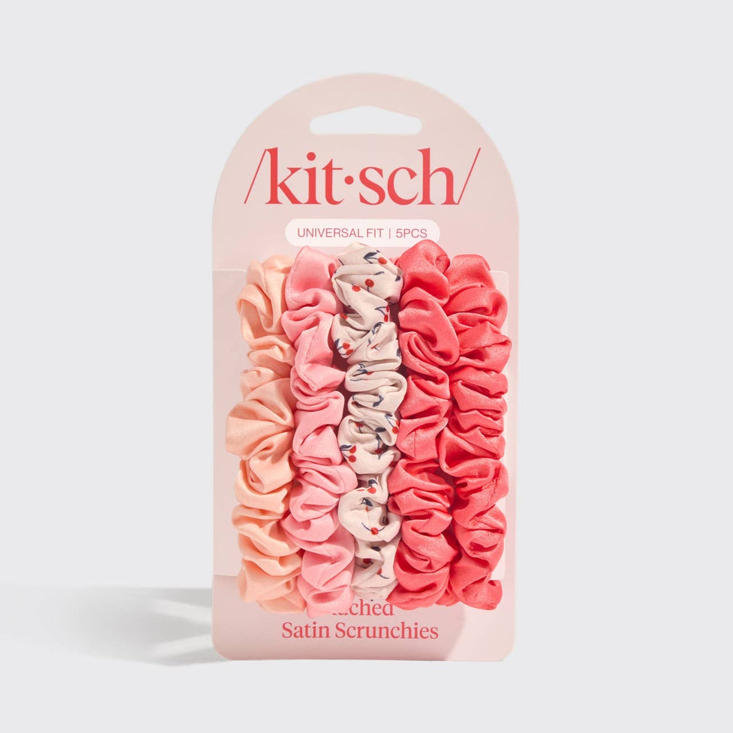 Ruched Satin Scrunchies (5pc) - Assorted Cherry Blosson