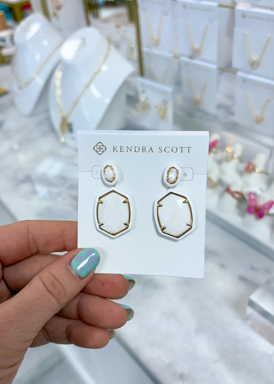 DAPHNE ENAMEL FRAME DROP EARRINGS GOLD WHITE MOTHER OF PEARL