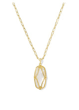 Load image into Gallery viewer, ELLE LATTICE FRAME LARGE LONG PENDANT NECKLACE GOLD IVORY MOTHER OF PEARL
