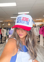 Load image into Gallery viewer, Loves Jesus and America Embroidered Trucker Hat
