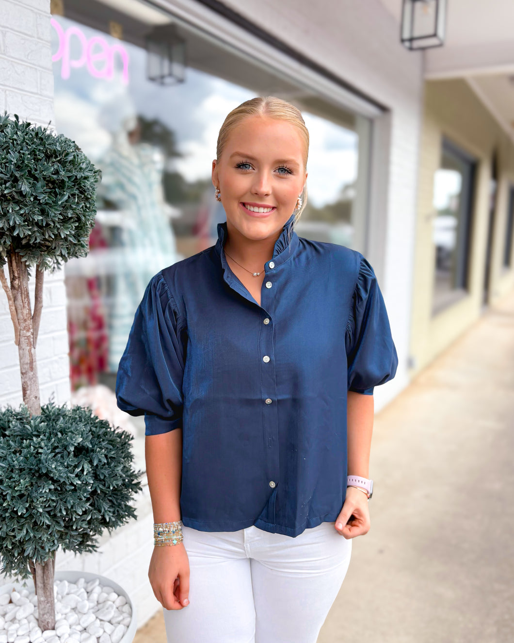 Ruffled Love Button Blouse - Navy