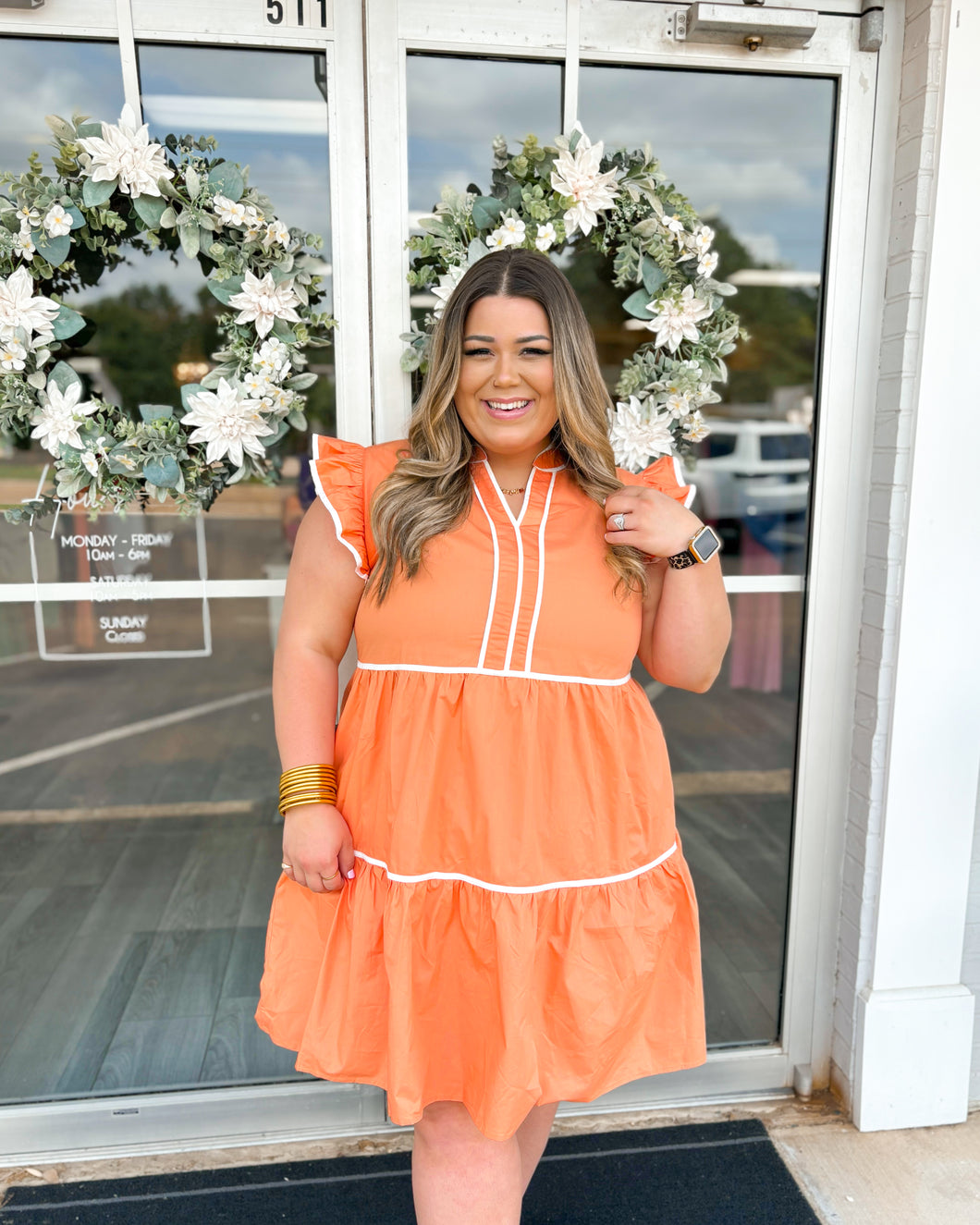 Riley Piping Detail Curvy Dress - Apricot