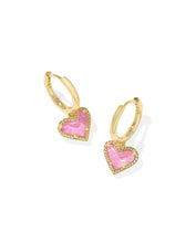 Load image into Gallery viewer, ARI HEART HUGGIE EARRINGS GOLD PINK IRIDESCENT GLITTER GLASS
