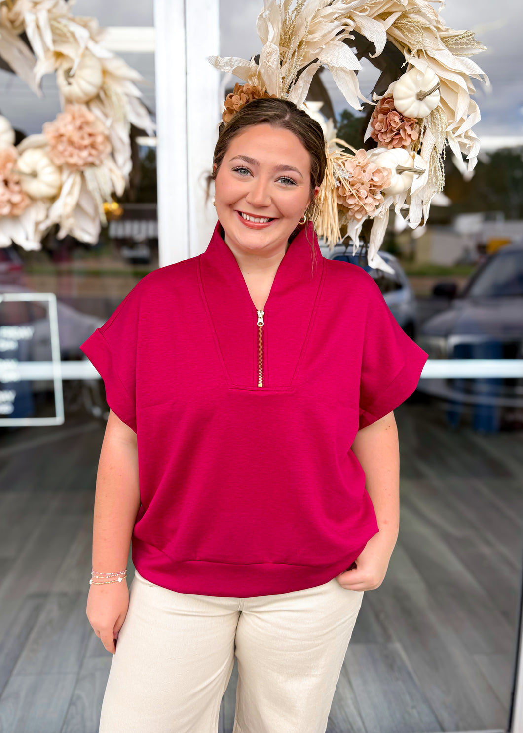 Scuba Half Zip Curvy Top - Cabernet