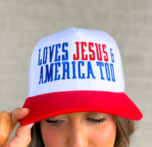 Load image into Gallery viewer, Loves Jesus and America Embroidered Trucker Hat
