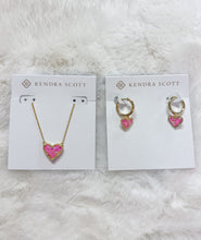 Load image into Gallery viewer, ARI HEART HUGGIE EARRINGS GOLD PINK IRIDESCENT GLITTER GLASS
