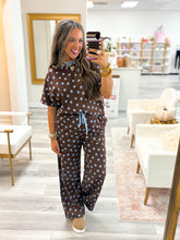 Load image into Gallery viewer, Brown &amp; Blue Polka Dot Top &amp; Pant Set
