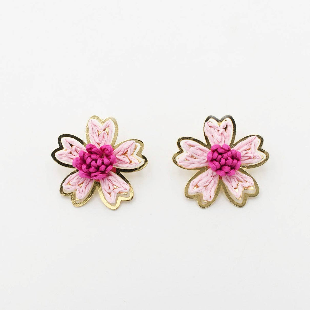 Pink Raffia Flower Stud 
