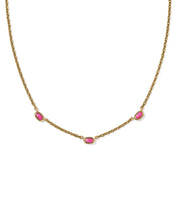 Load image into Gallery viewer, MINI ELISA THREE STONE STRAND NECKLACE VINTAGE GOLD DARK FUCHSIA VARIEGATED MAGNESITE
