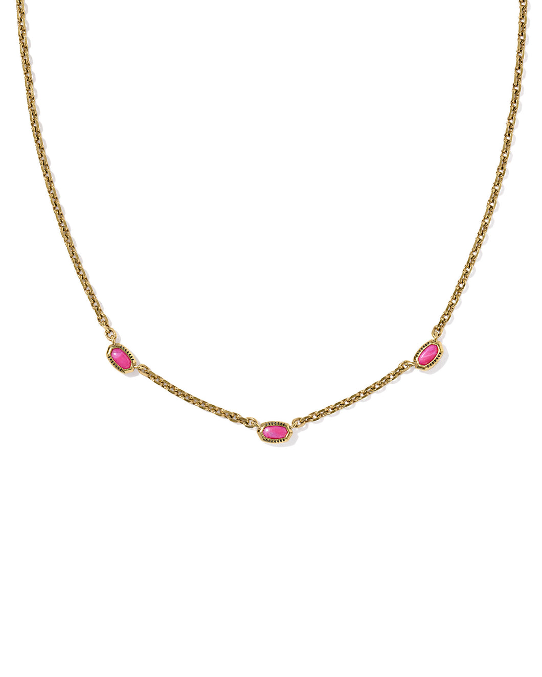 MINI ELISA THREE STONE STRAND NECKLACE VINTAGE GOLD DARK FUCHSIA VARIEGATED MAGNESITE